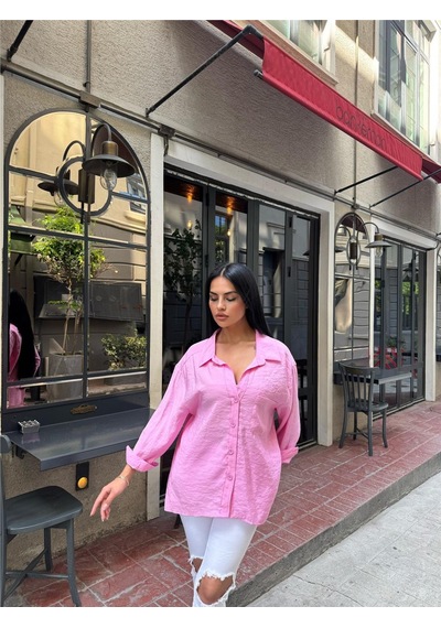 WeShaya Pembe Cepli Pamuk Polyester Gömlek Pembe