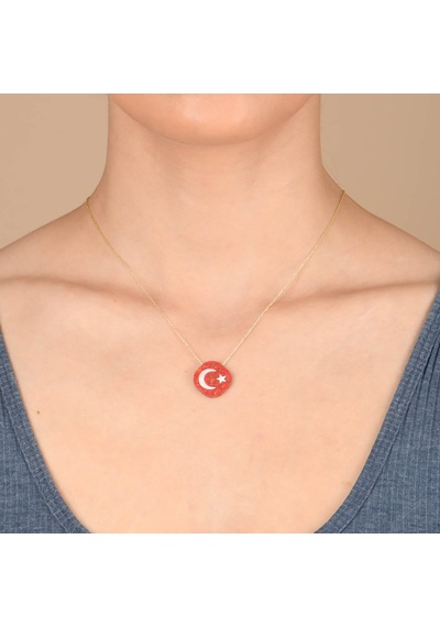 Altın Kaplamalı Opal Taşlı Türk Bayrağı Desenli Gümüş Kolye Gold - Rose Gold - Gümüş
