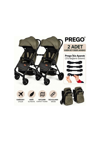 Prego İkiz Apartlı Birleşip Ayrılan Yan Yana İkiz Kabin Boy Bebek Arabası Haki