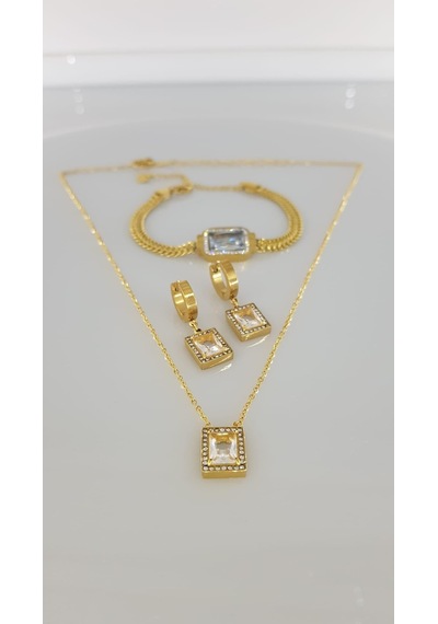 Baget Taşlı Gold Çelik Takı Seti Gümüş - Rose Gold