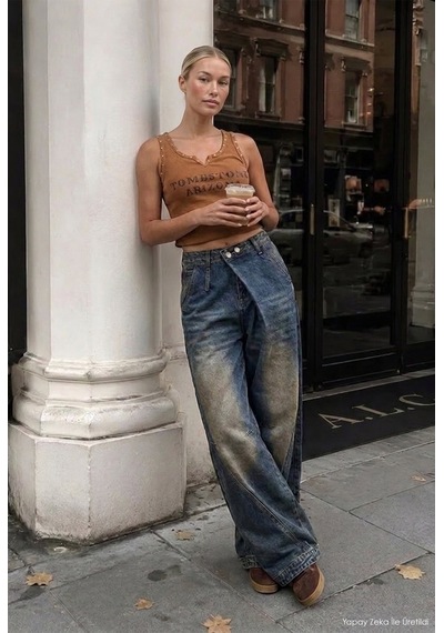 Kadın T.kot Rengi Palazzo Baggy Fit T17t Özel Tasarım Denim Jean Mavi