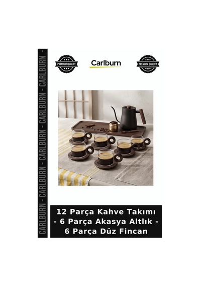 Özel Üretim Ahşap Altlıklı Sunum 12 Parça Kahve Takımı - 6 Parça Akasya Altlık - 6 Parça Düz Fincan Diğer