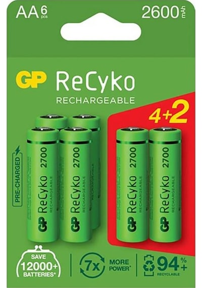 6 ADET (4+2) GP RECYKO 2700 SERİSİ AA ŞARJLI KALEM PİL (2600 MAH)