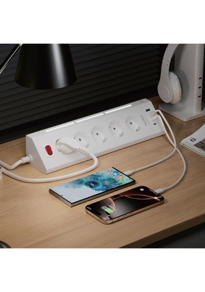 Akım Korumalı Priz, 5'li Priz Soketi, 5x Fiş Soketi, 2x Usb Girişi, 2x Type-c Girişi, Işıklı Gövde, Isıya Daya 0