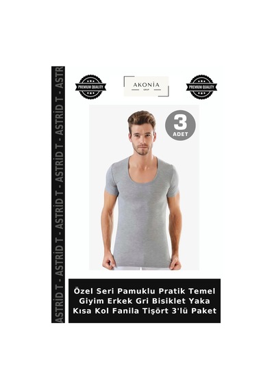 Astrid T Özel Seri Pamuklu Pratik Temel Giyim Erkek Gri Bisiklet Yaka Kısa Kol Fanila Tişört 3'lü Paket