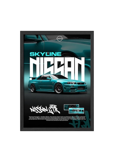 Nissan Gt-r Skyline Siyah Ahşap Çerçeveli Poster, Dekoratif Araba Duvar Tablosu