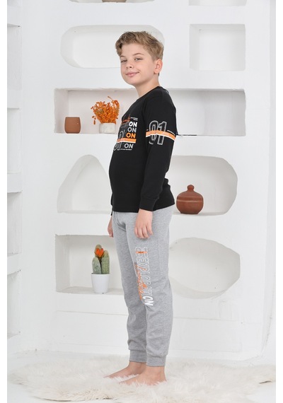 Modanino Erkek Çocuk Baskılı %100 Pamuk İnterlok Kumaş Pijama Takımı 12446 Siyah
