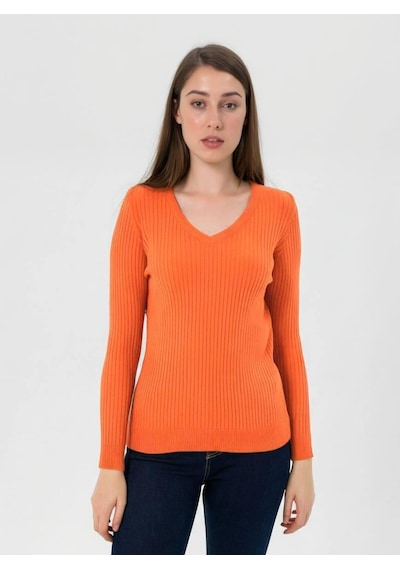 Miss Poem Kadın V Yaka Slim Fit Fitilli Uzun Kışlık Oranj Triko Kazak Turuncu