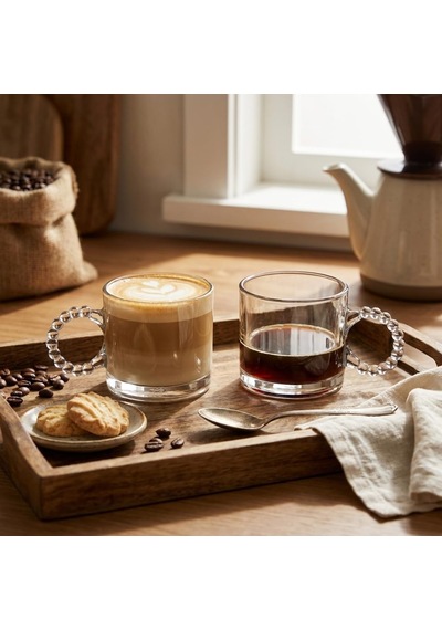 Melorine 2 Li Boncuk Kulplu Cam Kupa Seti, 325 Ml Şeffaf Cam Çay Kahve Bardağı, Dekoratif Yuvarlak Boncuk Saplı Latte Bitki Çayı Meşrubat Sunum Kupası Beyaz - Çok Renkli