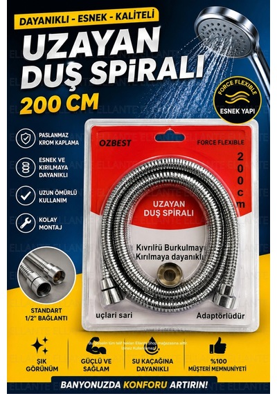 200-220 Cm Uzayan Özel Duş Spirali Banyo Duş Hortumu Dayanıklı Esnek 2 Metre 2m Çok Renkli