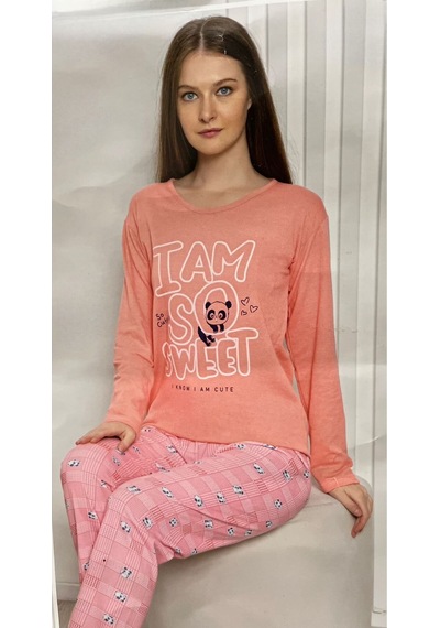 Novavita Yenihayat Yazı Basklı Pamuklu Pembe Resimli Pijama Takımı