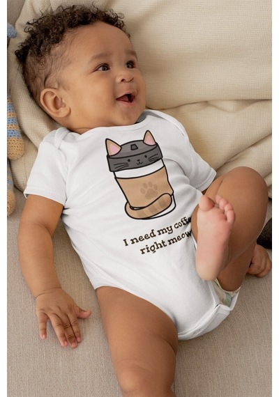 Babylimon Unisex Bebek Beyaz My Caffe Meow Desenli Kısa Kol Body Beyaz - 132208622 Beyaz