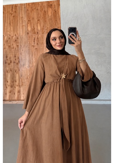Riella Butik Pavera Tesettür Elbise Kahverengi