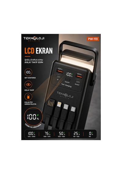 50.000 Mah Powerbank 22.5w Hızlı Şarj Lcd Ekran 4 Çıkış 4 Kablo Kamp Işıklı Taşınabilir Batarya Siyah