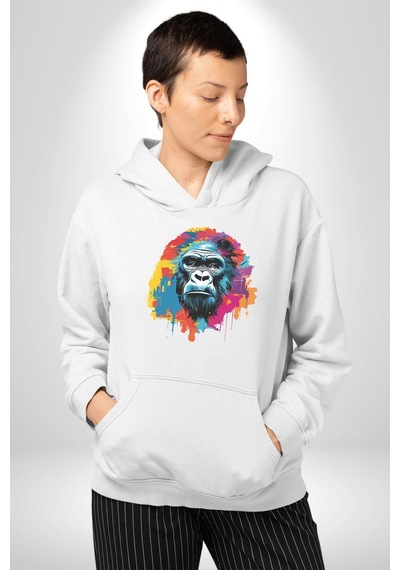 Renkli Maymun Goril Kadın Erkek Beyaz Kapüşonlu Sweatshirt Hoodie Beyaz
