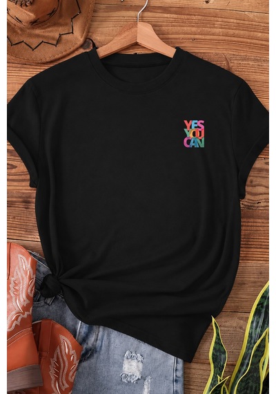 Spoyi Yes You Can Tasarımlı %100 Pamuk Yarım Oversize Siyah T-shirt