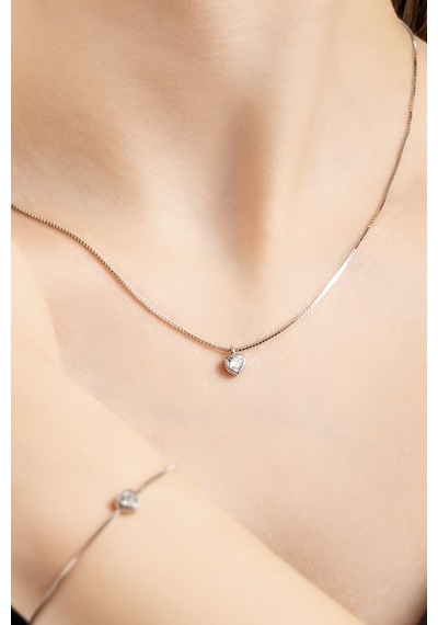 So Chic Romantik Aşk 18 Ayar Beyaz Altın Kaplama 43 Cm Gümüş Kalp Kolye Beyaz