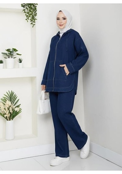 Hb Harma Time Butik Kadın Kapüşonlu Cepli Koyu Kot Mavi Tunik Pantolon Takım Koyu Mavi