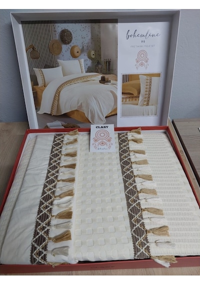 Clasy Butik Çift Kişilik Pike Takımı Bohemline Ekru