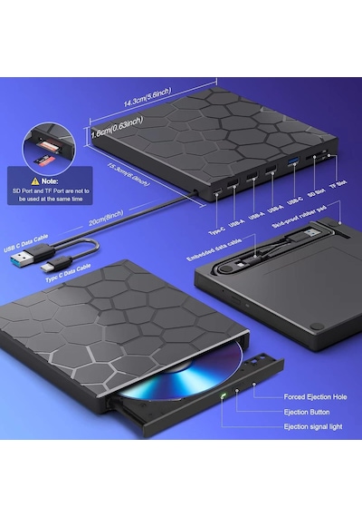 Valkyrie 8in1 Harici Cd Dvd Okuma Yazma Usb 3.0 Hub Çok Amaçlı External Drive Tf Sd Kart Okuyucu