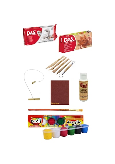 Das Beyaz Kahve Seramik Kili 2x500gr Funnykids 15 Ml Akrilik 6lı Vernik Zımpara Hamur Kesme Teli Set