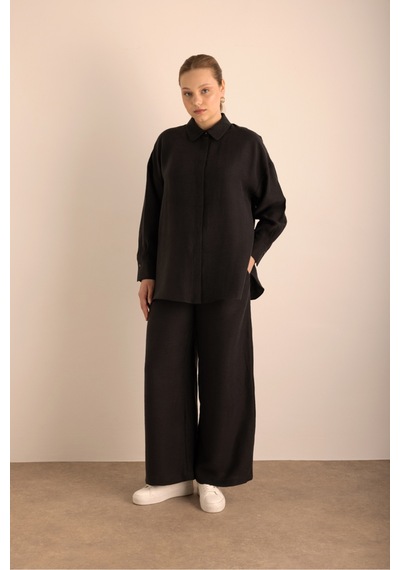 Aker Beli Lastikli Keten Pantolon Siyah Siyah