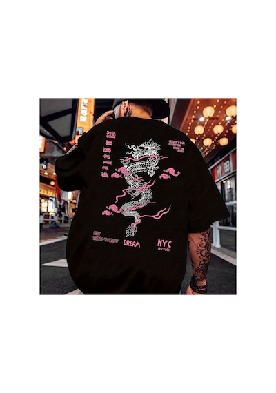 Caddemia Yaz  Moda Rahat Gevşek Pembe Ejderha Desen Baskılı Spor Yuvarlak Boyun Siyah 2XL