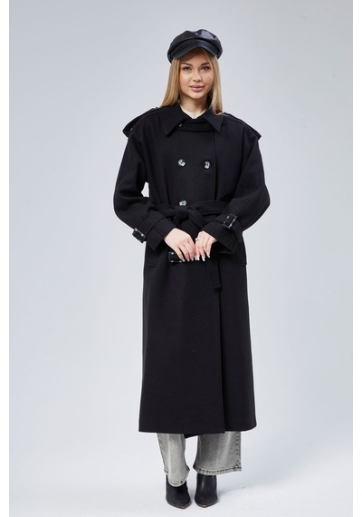 Kuşaklı Oversize Kaşe Kaban Siyah