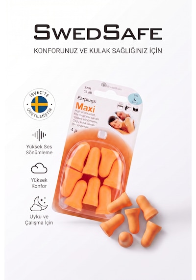 Swedsafe Maxi Kulak Tıkacı, 4 Çift, Yüksek Gürültü Azaltma, Ultra Yumuşak Köpük, Yüksek Konfor, İş, Seyahat Ve Uyku