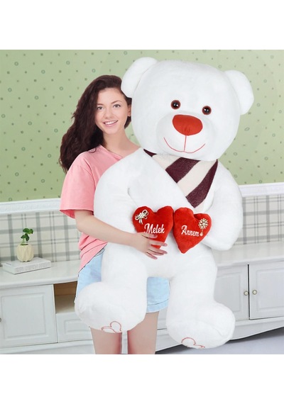125 Cm Çift Kalp Tutan Melek Annem Masum Ayıcık Beyaz