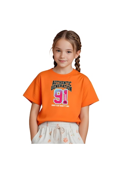 Panios Kids Authentic Baskılı Kız Çocuk Kısa Kollu T-shirt Turuncu
