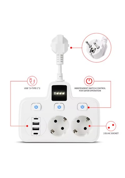 Vtn-503 Akım Korumalı Duvar Tipi Priz 2x Usb 2x Priz Typce 20w