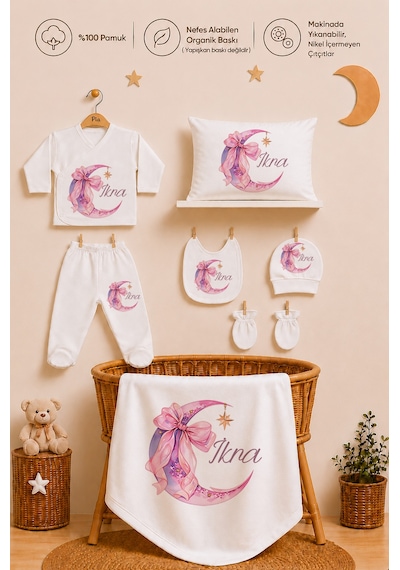 Pia Baby Kız Bebek Hastane Çıkışı Seti 11 Parça %100 Pamuk Kişiye Özel İsim Baskılı 1068113x Ekru