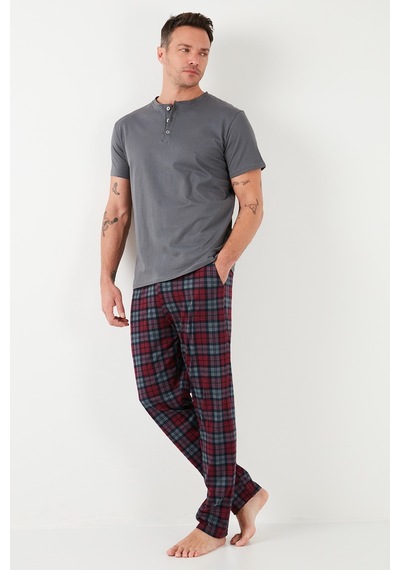 Buratti Ekoseli Pamuklu Beli Lastikli Regular Fit Kısa Kollu Erkek Pijama Takımı 6572004 Füme