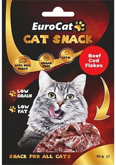 Eurocat Tahılsız Şekersiz Kurutulmuş Et Cat Beef Cod Flakes Kedi Ödülü 50 G