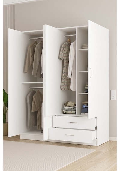 Aeka Ae-1077 Terra 4 Kapaklı 2 Çekmeceli 3 Askılıklı Raflı 140x182x53 Cm Gardırop Beyaz