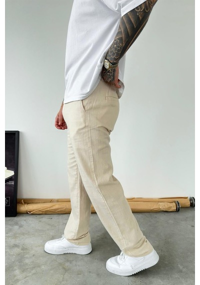 Krem Baggy Keten Pantolon