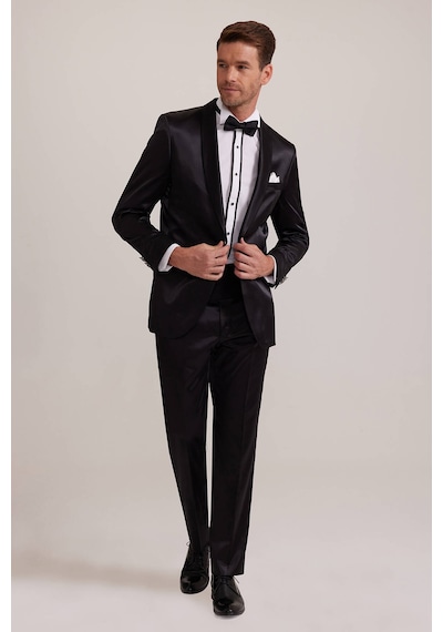 Ysf Erkek Siyah Slim Fit Şal Hakim Yaka Damatlık