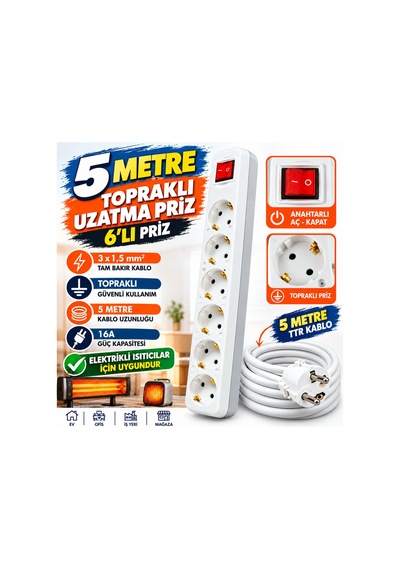 5 Metre 6'lı Topraklı Anahtarlı Uzatma Priz 3x1,5 Mm² Tam Bakır Ttr Kablo 16a Aç Kapat Düğmeli Çoklu Priz Beyaz - 939005482 4 - 5 M