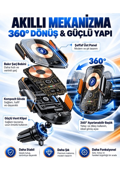 C13 Kablosuz Şarjlı Araç Telefon Tutucu Otomatik Açılıp Kapanan Kollu 360 Dönebilen Şeffaf Tasarım Metal Gövdeli Araç İçi Telefon Tutacağı