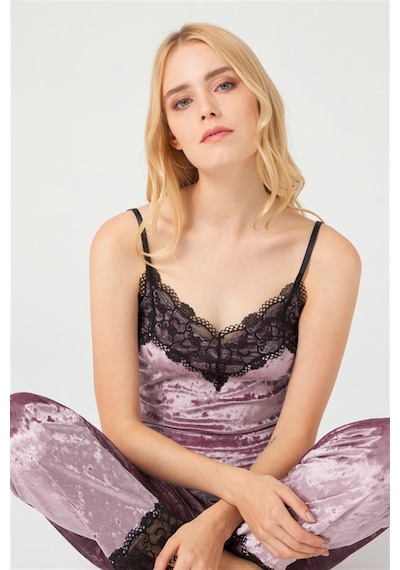 Cottonhill Pudra Dantel Detaylı Kadife Kadın Pijama Takımı Pudra