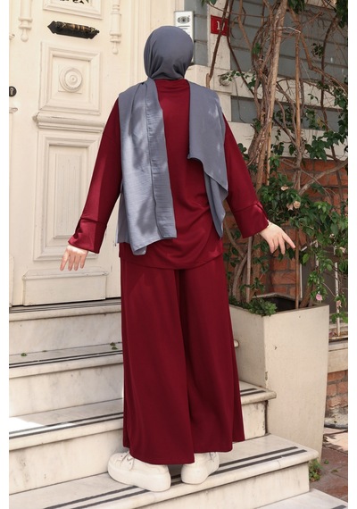 Balenbi Oysh Modal Kumaş Salaş Kesim Bol Paça Tesettür Tunik Takım 3833 Bordo