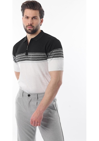 Madmext Siyah Fermuarlı Polo Yaka Desenli Erkek T-shirt E7296 Siyah