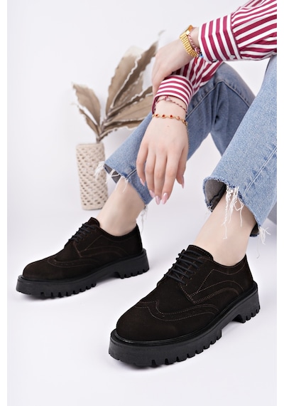 Muggo Amour Bağcıklı Hakiki Deri Kalın Taban Günlük Casual Makosen Kadın Loafer Ayakkabı Kahve Süet