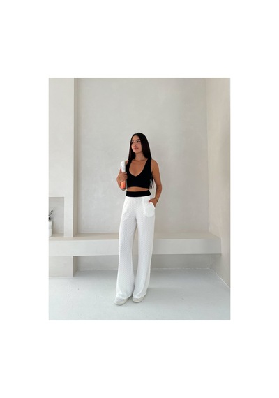 Gugus Kadın Gofre Beli Güpür Lastikli Wide Lege Yazlık Pantolon Beyaz