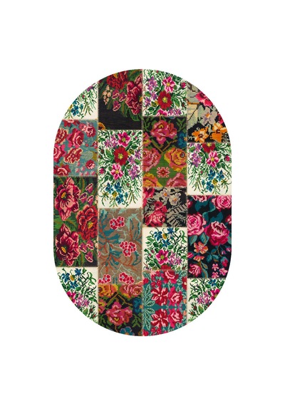 Patchwork Desen Dokuma Pamuk Taban Dijital Dekoratif Oval Halı Beyaz