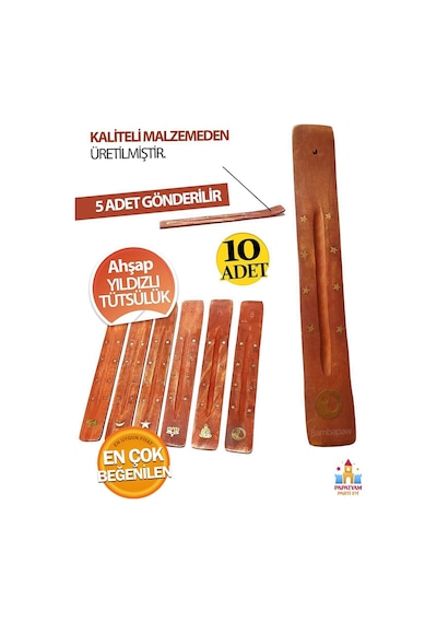 10 Adet Ruhu Dinlendiren Ahşap Yıldız Kabartmalı Tütsü Tutacağı Seti - Doğal Görünümlü Ahşap Tütsülü