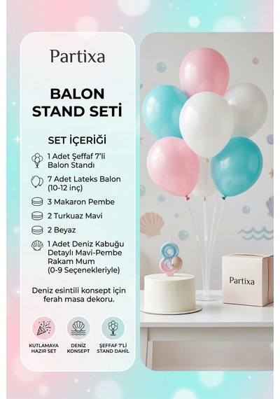 Deniz Kabuğu Temalı Mavi Pembe Rakam Mum Ve Balon Standı Seti - Doğum Günü Parti Süsleme Paketi 0-9 Yaş 1 - 5 72245636