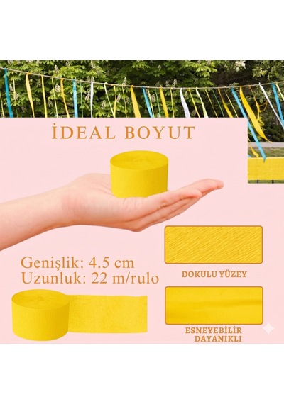 Sarı Şerit Krapon Kağıdı Rulosu, Çiçek Yapım, Parti, El İşi Süsleme Kağıdı, 6 Adet, 4.5 Cm X 22metre