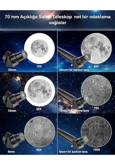 Profesyonel Astronomik Teleskop 150x Yakınlaştırma - 70mm Objektif Uzay-ay-doğa Gözlem Teleskob